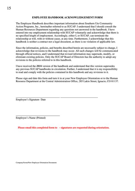 Sample Employee Handbook Acknowledgement of .